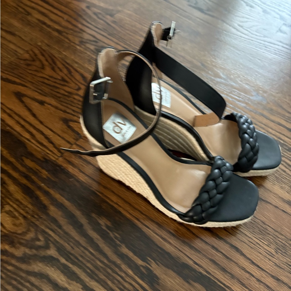 Vince Camuto Harriet Black and Tan Woven Wedge Sandals